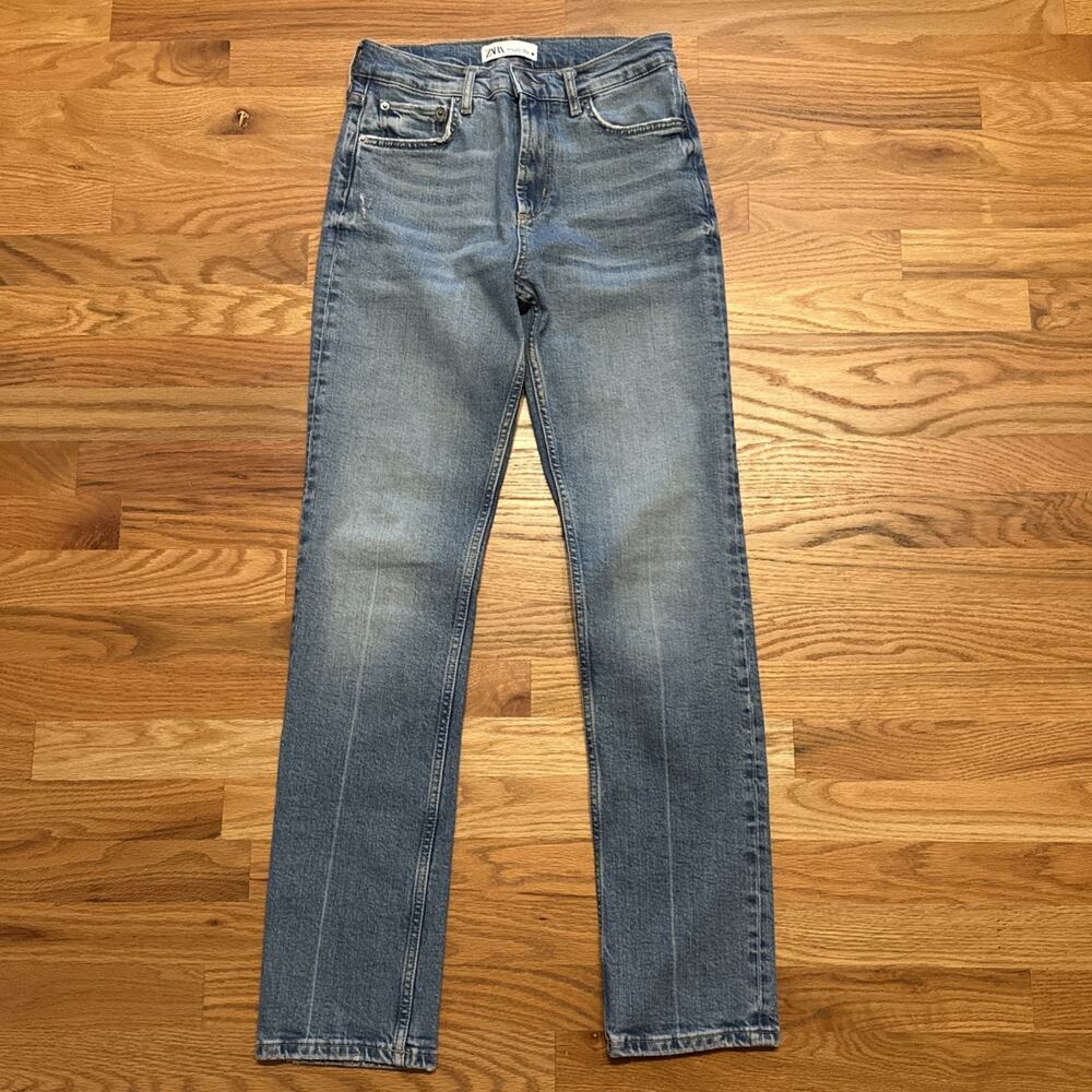 Zara Women's Blue Denim Straight Leg Jeans Medium Wash 5-Pocket, Size 4